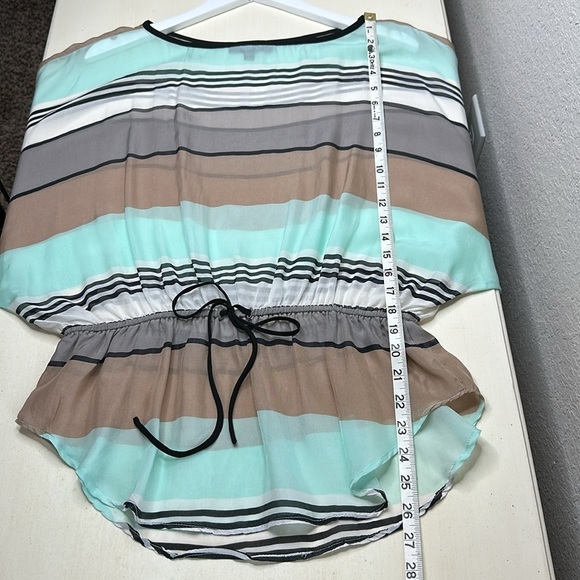 Karen Kane 100% Silk Mint Khaki Black Multi Striped Tie Waist Kimono Top Size M - Picture 10 of 11